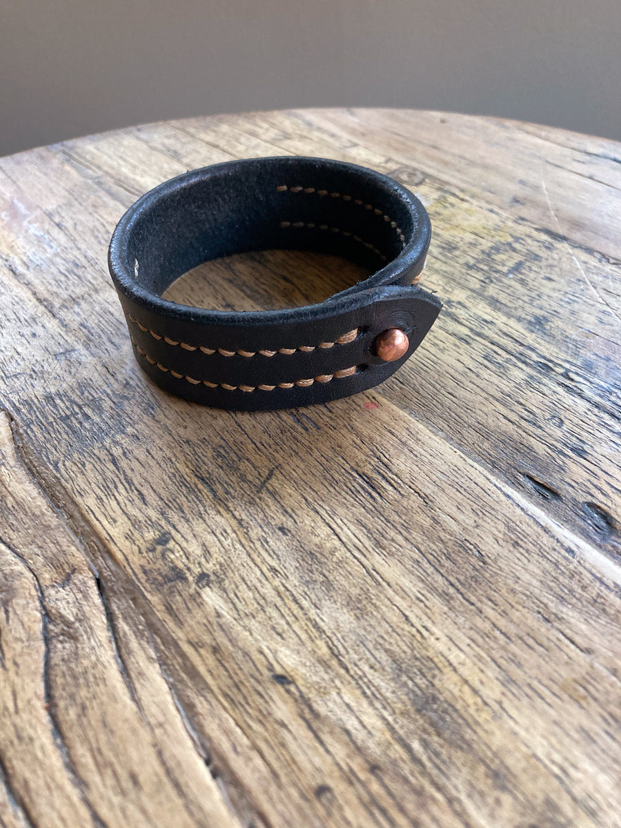 Black Leather Hand stitched Cuff Bracelet