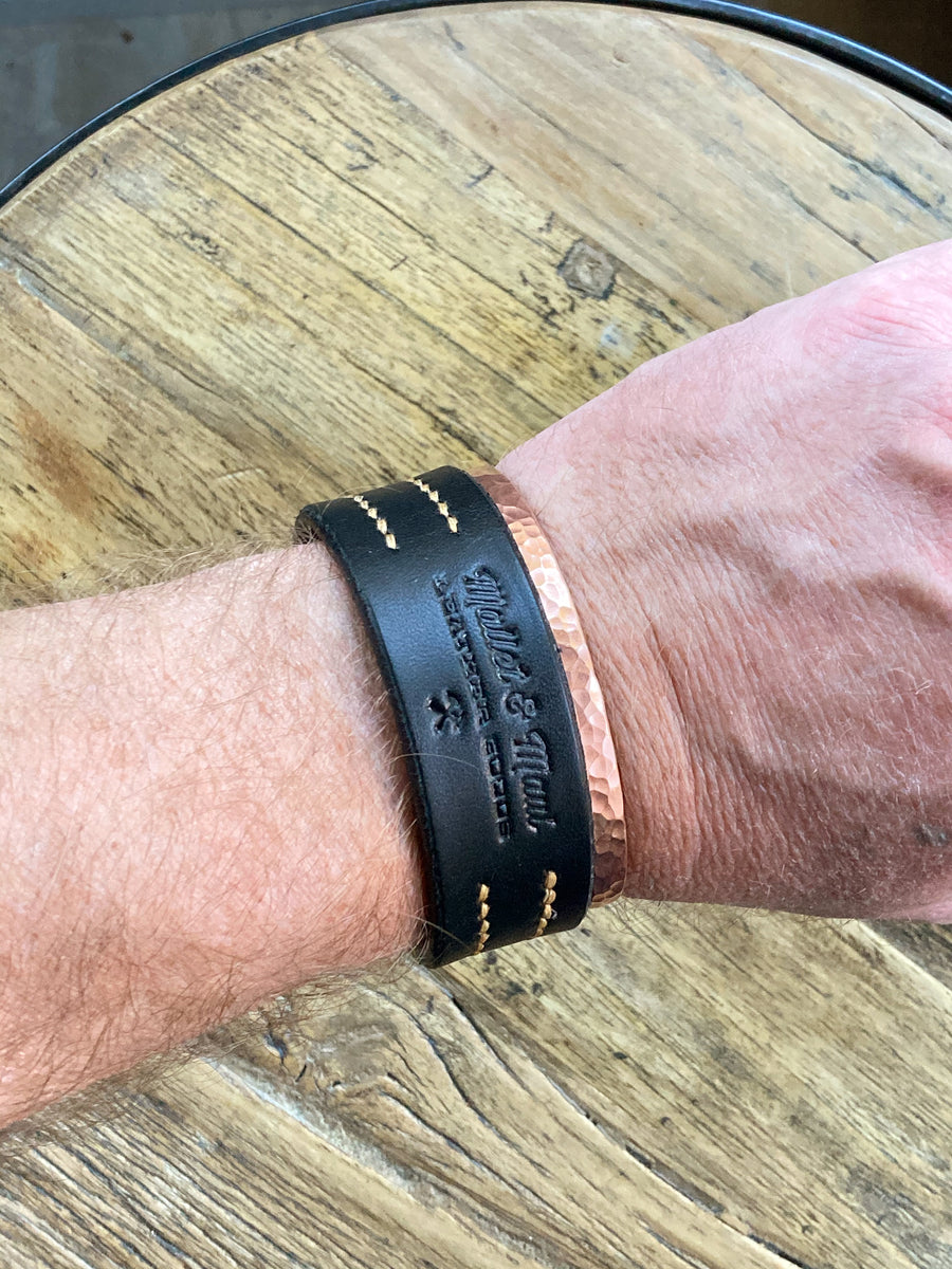 Black Leather Hand stitched Cuff Bracelet