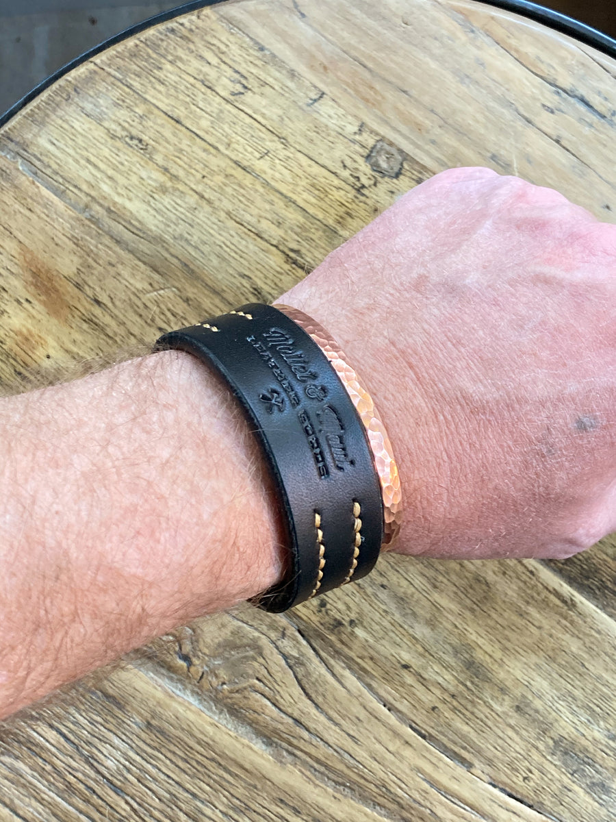Black Leather Hand stitched Cuff Bracelet